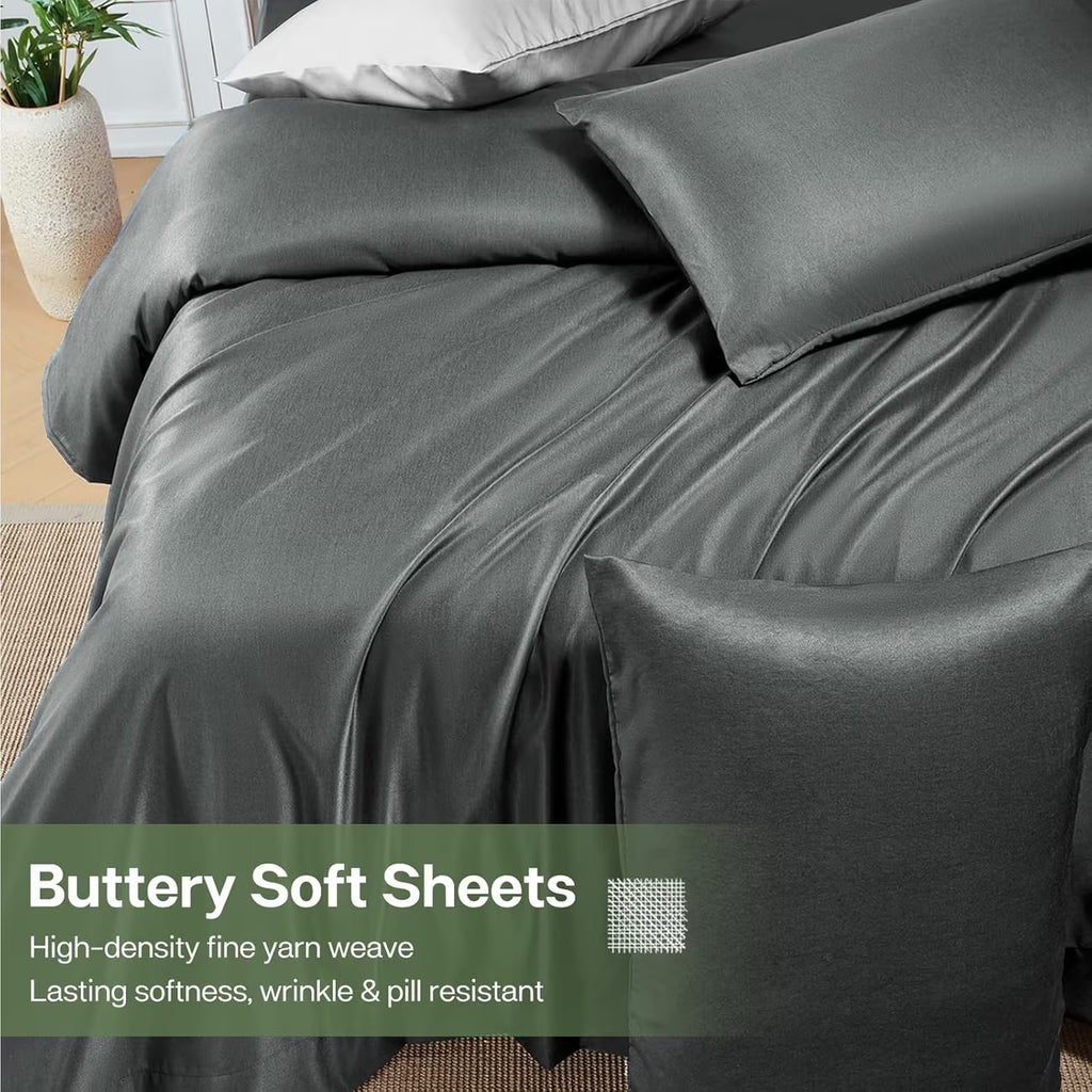 4/6pc Bamboo Bed Sheet Set, Cooling Soft 16" Deep Pocket Bedding for Queen Beds, Ideal for Hot Sleepers