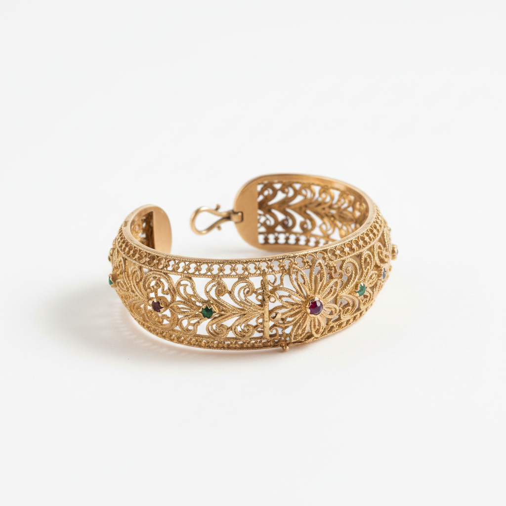 Antique gold filigree bracelet with gemstone accents on white background