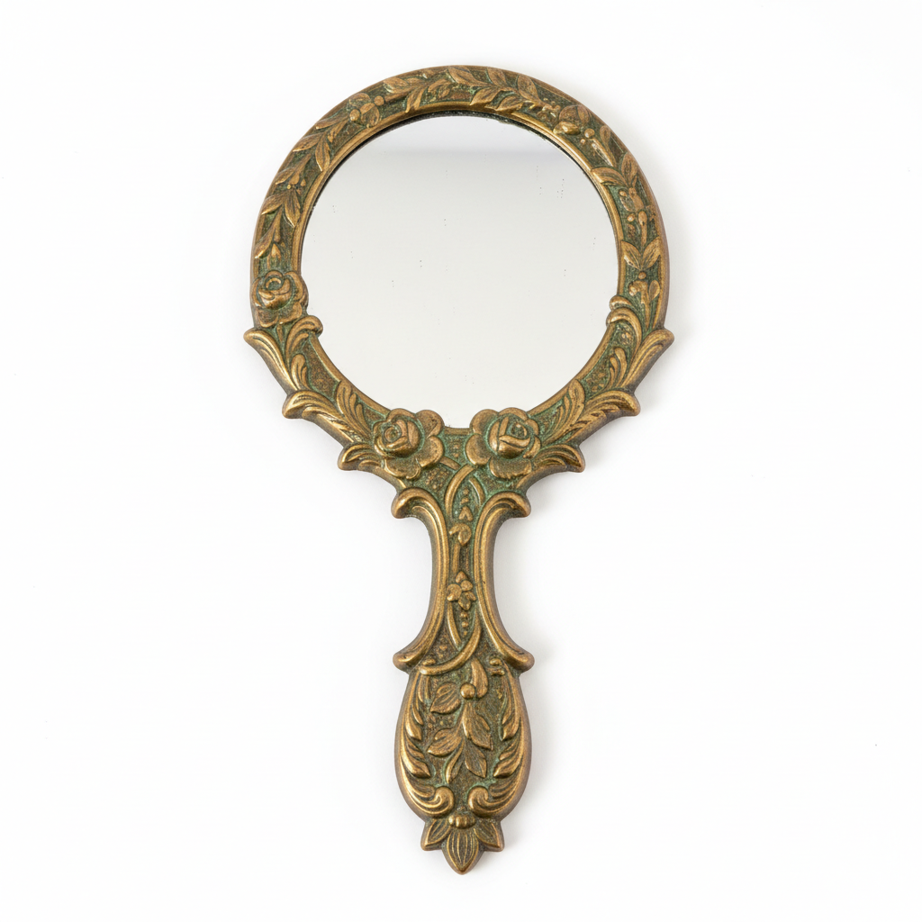 Victorian brass hand mirror with ornate floral engravings and aged patina
