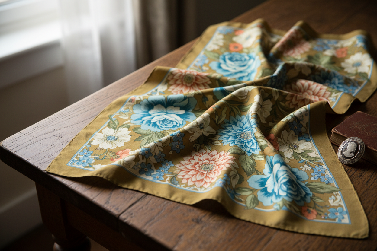 Vintage 1960s floral silk scarf draped on a wooden surface
