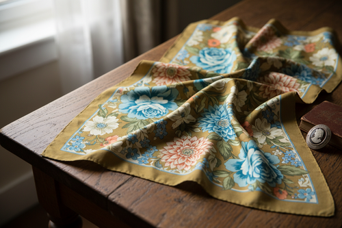 Vintage 1960s floral silk scarf draped on a wooden surface